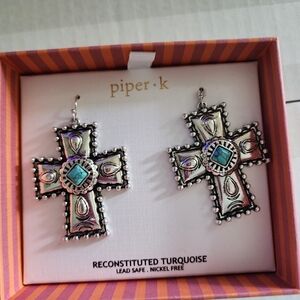 Piper K Silver and Turquoise Cross Earrings